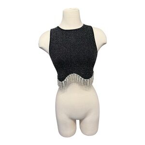 EXPRESS Black Sleeveless Top with Silver Fringe